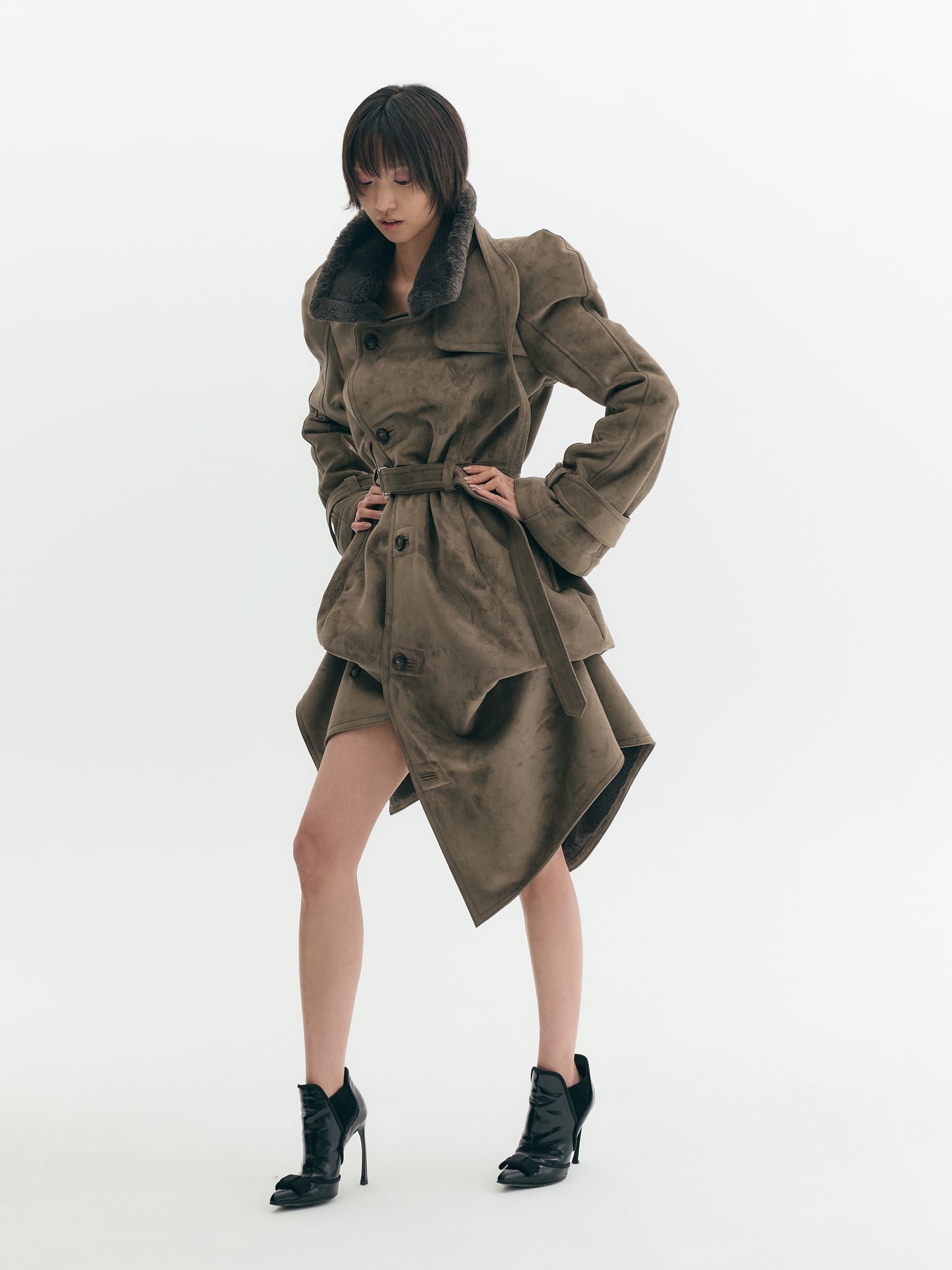 Draped Mouton Shoulder Trench Coat