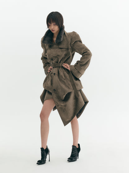 Draped Mouton Shoulder Trench Coat