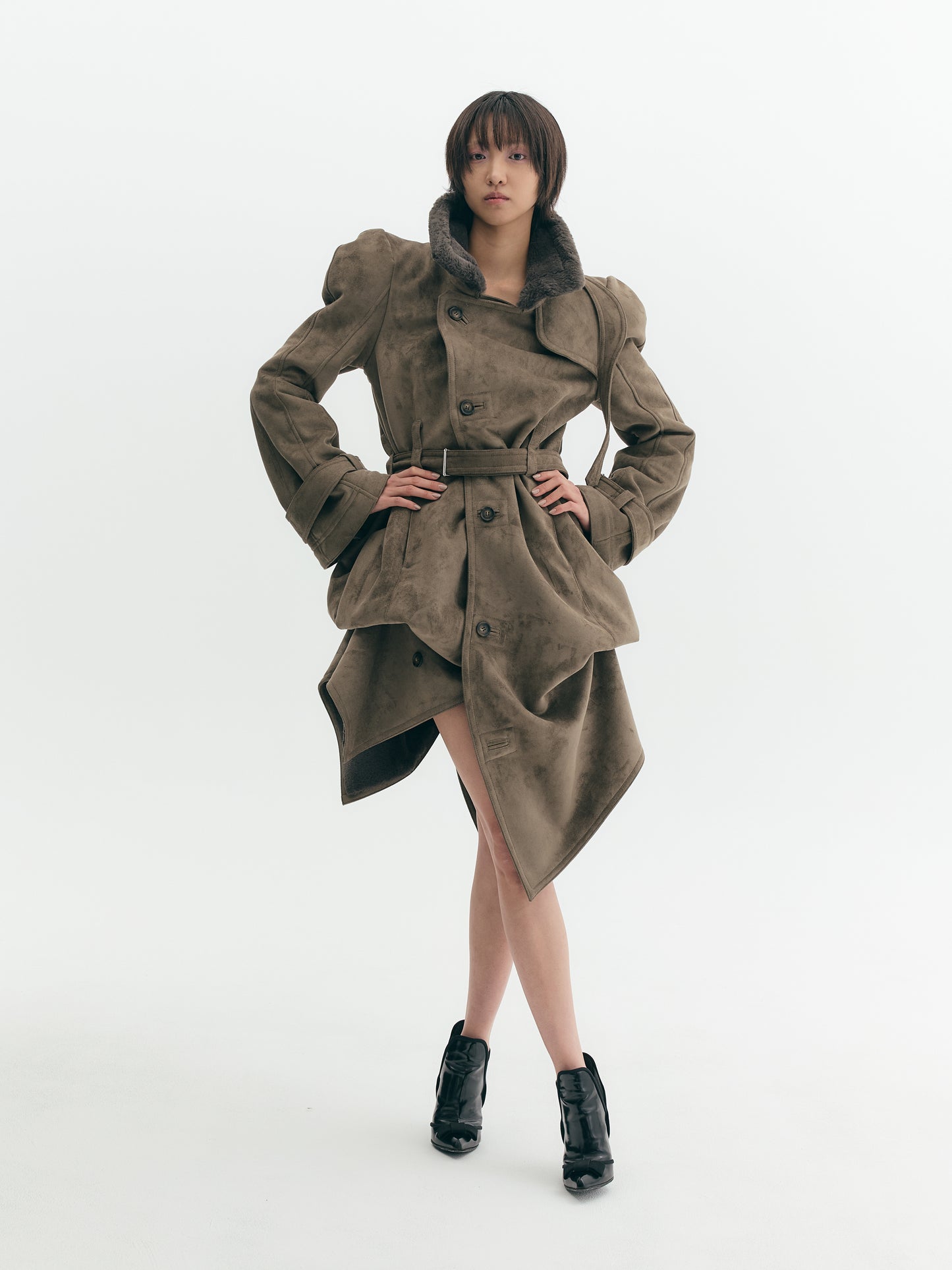 Draped Mouton Shoulder Trench Coat